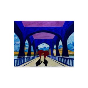 Fine Art Poster - Couple Walking Under Blue Arches (Romantic Bridge Scene)
