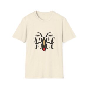 T-Shirt — Stylized Floral Mask Graphic Tee (bold black petals, gold & red accents)